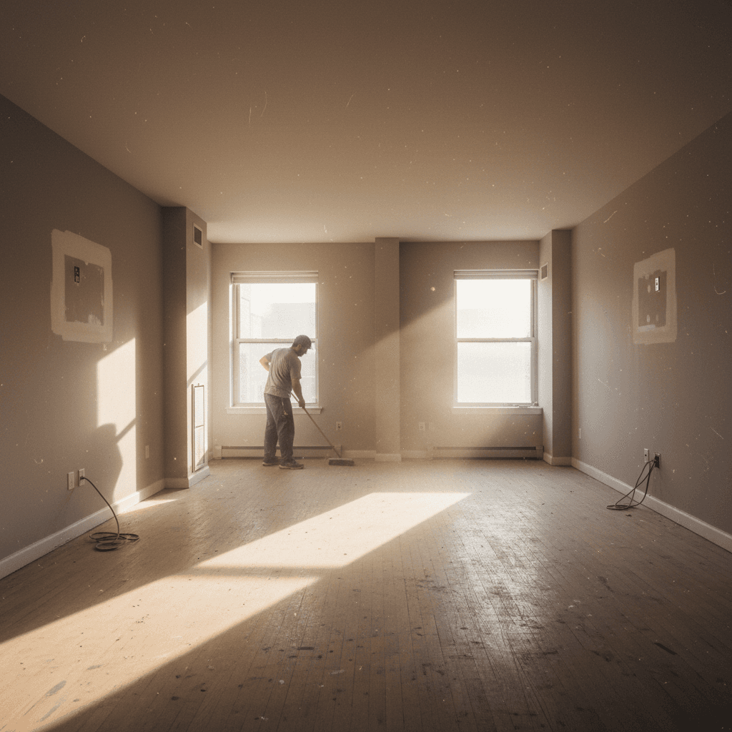 Empty apartment room being cleared and cleaned