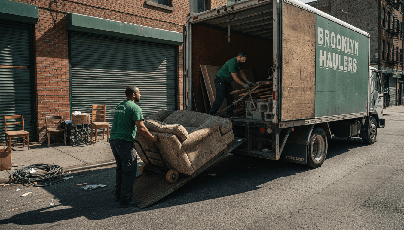 Junk removal crew loading debris into a service truck in New York City