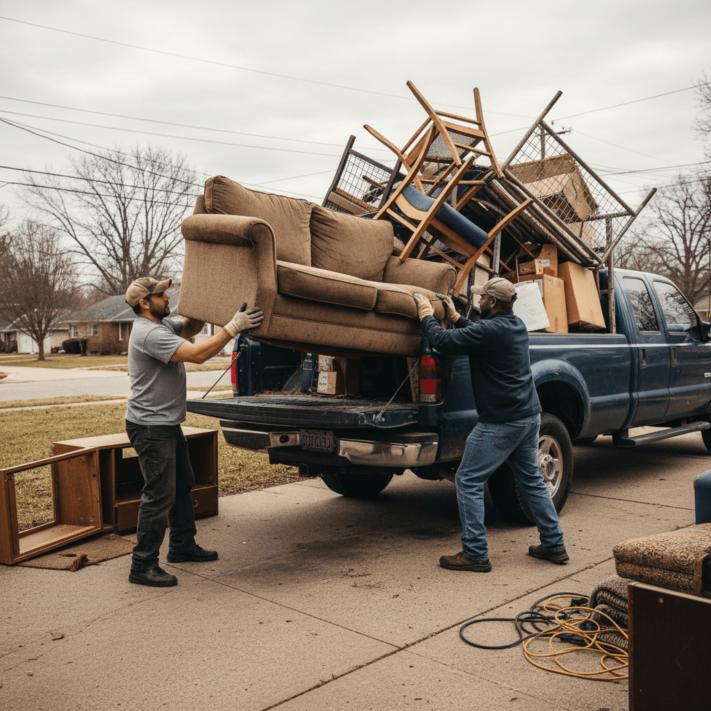 Junk removal crew loading furniture into truck